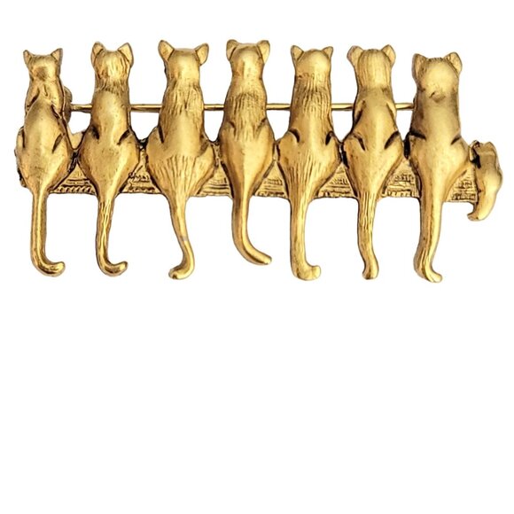 MFA Gold Tone  Cats All In A Row Brooch Pin, Signed